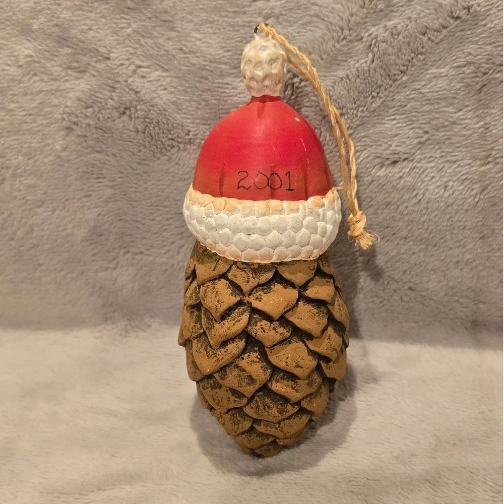 Vintage 2001 Hand Painted Santa Claus Pinecone Christmas Ornament Rustic Holiday